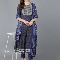 AHIKA Bandhani Printed Anarkali Thread Work Kurta With Trousers & With Dupatta image 3