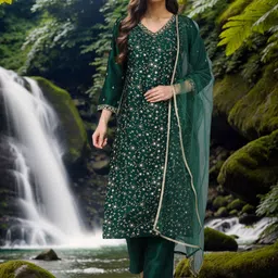 KALINI Floral Embroidered Regular Sequinned Kurta with Trousers & Dupatta-57