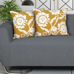 Ode & Cleo Mustard & Off White Set of 2 Embroidered Square Cushion Covers-19