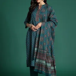 Indo Era Ethnic Motifs Printed Pure Cotton Kurta With Trousers & Dupatta-picture-26