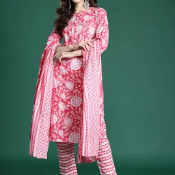 Indo Era Floral Printed Pure Cotton Kurta with Trousers & Dupatta-picture-20