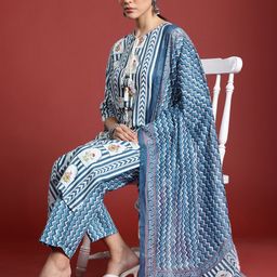 Indo Era Ethnic Motifs Printed Sequinned Pure Cotton Kurta with Trousers & With Dupatta-picture-1