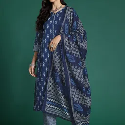 Indo Era  Ethnic Motifs Printed Regular Pure Cotton Kurta With Trousers & Dupatta-20