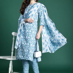 Indo Era Floral Printed Pure Cotton Kurta with Trousers & Dupatta-image-67