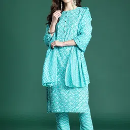 Indo Era Geometric Printed Pure Cotton Kurta with Trousers & Dupatta-picture-2
