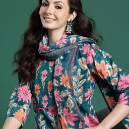 Indo Era Floral Printed Pure Cotton Kurta with Trousers & Dupatta-image-86