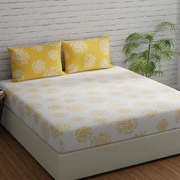 Huesland White & Yellow Floral Fitted Cotton 144 TC King Bedsheet With 2 Pillow Covers-image-47