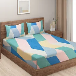 SWAYAM Prakirti Blue & Pink Geometric Cotton 180 TC King Bedsheet with 2 Pillow Covers-image-54