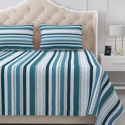 BELLA CASA Stella Blue & Grey Striped Cotton 180 TC King Bedsheet with 2 Pillow Covers-picture-15