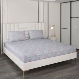 Monte Carlo Blue & Pink Ethnic Cotton 180 TC King Reversible Bedsheet with 2 Pillow Covers-14