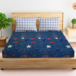 UrbanArts Navy Blue & White Geometric Cotton 400 TC King Bedsheet with 2 Pillow Covers-image-38