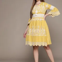Ishin Women Floral Schiffli Pure Cotton A-Line Dress-image-46