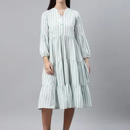 plusS Women White & Sea Green Striped Midi Tiered A-Line Dress-image-61