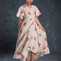 ODETTE Women Floral Print Flared Sleeve Linen Fit & Flare Maxi Dress-image-7