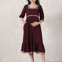 Secret Wish Women Puff Sleeve Maternity Fit & Flare Midi Dress-image-15