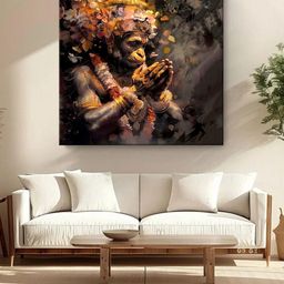 999Store Brown & Grey Canvas Hanuman in Deep Prayer Religious Wall Painting-44