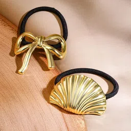 Rubans Set Of 2 18K Gold Plated Luxe Bow & Sculpted Shell Design Hair Ties Accessories-image-5