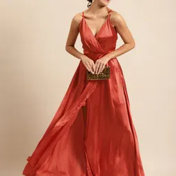 DODO & MOA Women Rust Orange Solid Satin Sheen Maxi Slip Dress-image-85