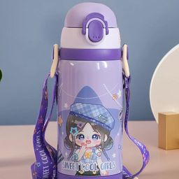 YK Pink & Purple Princess-Themed Printed Insulated Stainless Steel Water Bottle-450ml-image-20