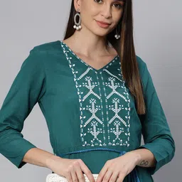 Global Desi Teal & White Embroidered Basic Jumpsuit With Waist Tie Up-13