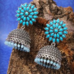 Zoey German Silver Stone Studded & Beaded Dome Shaped Jhumkas-36