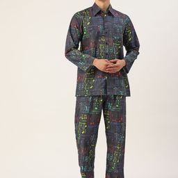 Rapra The Label Men Navy Blue & Multicoloured Printed Night suit with Eye Cover-6