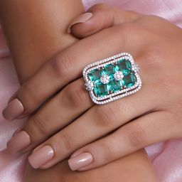 Adwitiya Collection Rhodium-Plated AD & Emerald Studded Adjustable Finger Ring-42