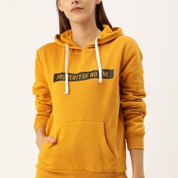 Campus Sutra Women Mustard Yellow Printed Hooded Sweatshirt-image-100