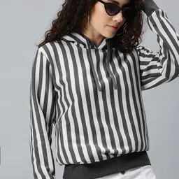 Campus Sutra Women White & Black Striped Hooded Sweatshirt-picture-9