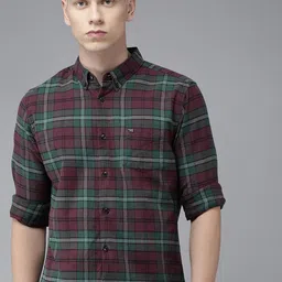 THE BEAR HOUSE Men Maroon Slim Fit Tartan Checks Checked Casual Shirt-picture-34
