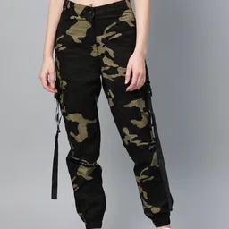 STREET 9 Women Olive Green & Brown Camouflage Print Cargos-image-28
