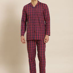 SOJANYA Men Navy Blue & Red Checked Cotton Night suit-7