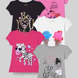 KUCHIPOO Girls Pink & White Pack of 5 Printed Cap Sleeves T-shirts-image-33