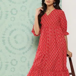 Janasya Ethnic Motifs Print Puff Sleeve Empire Dress-image-65