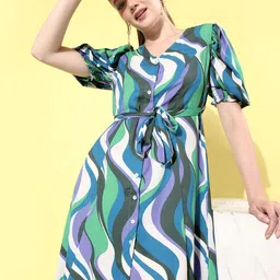her by invictus Abstract Print Puff Sleeve Shirt Dress Comes With A Belt-image-58