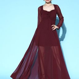Berrylush Maroon Swiss Dot Tied Dobby Georgette Mesh Maxi Dress-image-67