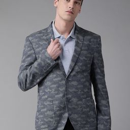 Blackberrys Men Grey & Blue Slim Fit Self-Design Single-Breasted Casual Pure Cotton Blazer-image-82