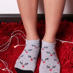 Mint & Oak Women Grey & Black Rudolph Print Ankle Length Socks-16