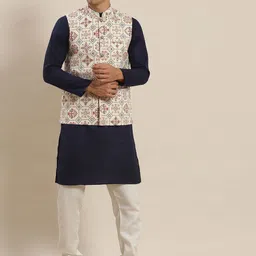 SOJANYA Men Navy Blue Printed Pure Cotton Kurta with Pyjamas & Nehru Jacket-32