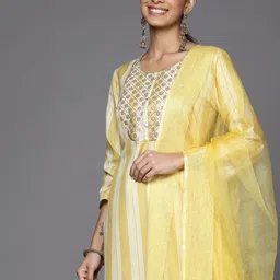 Varanga Women Yellow Striped Sequinned Kurta with Trousers & With Dupatta-picture-17