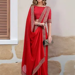 Sangria Embroidered Pure Chiffon Saree With Unstitched Blouse Piece-32