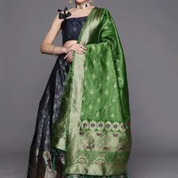 Mitera Women Navy Blue & Gold-Toned Semi-Stitched Lehenga Unstitched Blouse & Dupatta-image-87
