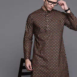 Indo Era Men Black & Golden Ethnic Motifs Printed Pure Cotton Kurta-image-88