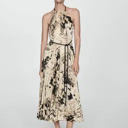 MANGO Printed Accordion Pleats Halter Neck A-Line Midi Dress-40
