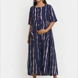 Mylo Tropical Stripes Maternity A-Line Midi Dress with Zipper-picture-48