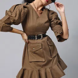 plusS Olive Brown Solid Power Shoulders A-Line Dress-picture-35