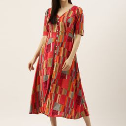 Ethnovog Women Multicoloured Printed Made To Measure A-Line Dress-image-87