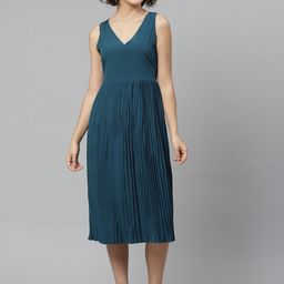 VARUSHKA Women Teal Blue Accordion Pleats Solid A-Line Dress-image-88