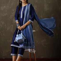 Anouk Ethnic Motifs Yoke Design Sequinned Kurta With Trousers & Dupatta-image-7