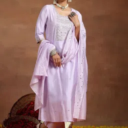 Libas Floral Yoke Design Sequinned Straight Kurta with Trousers & With Dupatta-image-87